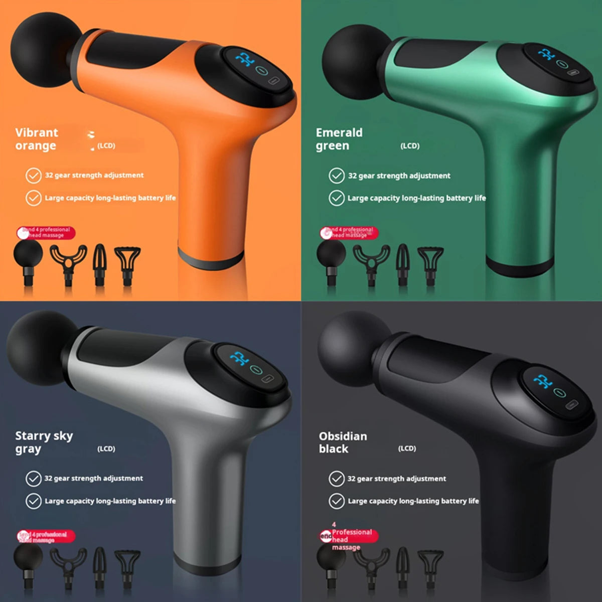Deep Tissue Massage Gun — 32 Speeds, 4 Heads, LCD Display